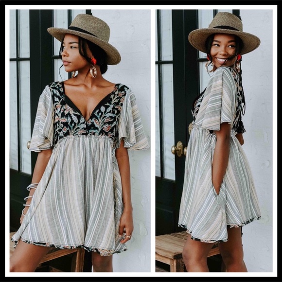 FREE PEOPLE BOHO BLACK PRINT MINI TUNIC DRESS A2C - Picture 4 of 8